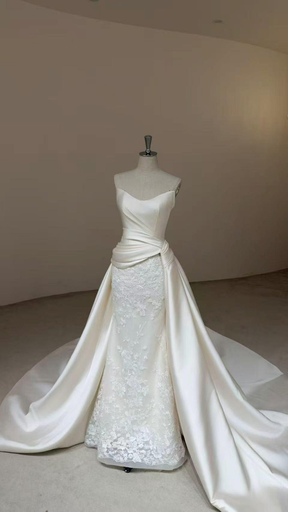 Strapless Mikado Satin Ballgown Wedding Dress, Structured Sash Bow A Line Bridal Gown With Train
