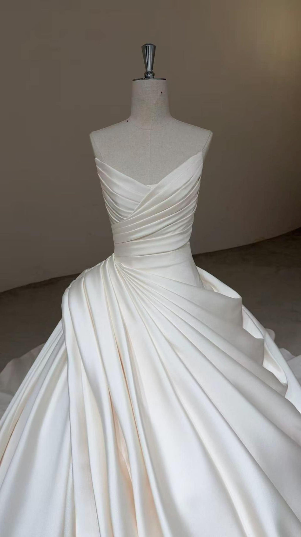 Strapless Pleated Mikado Satin Ballgown Wedding Dress, Draped V Neck A Line Bridal Gown With Train