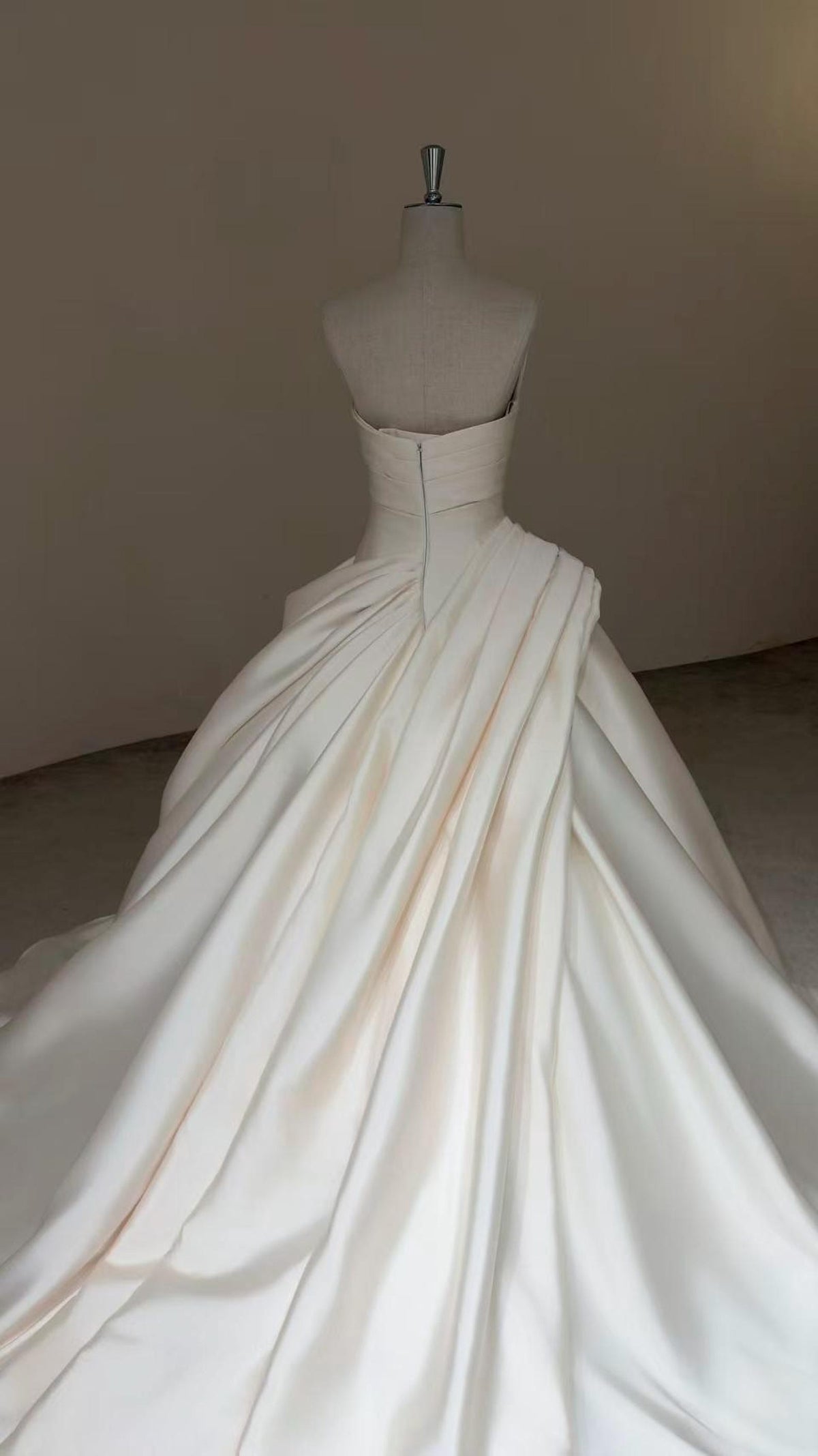 Strapless Pleated Mikado Satin Ballgown Wedding Dress, Draped V Neck A Line Bridal Gown With Train