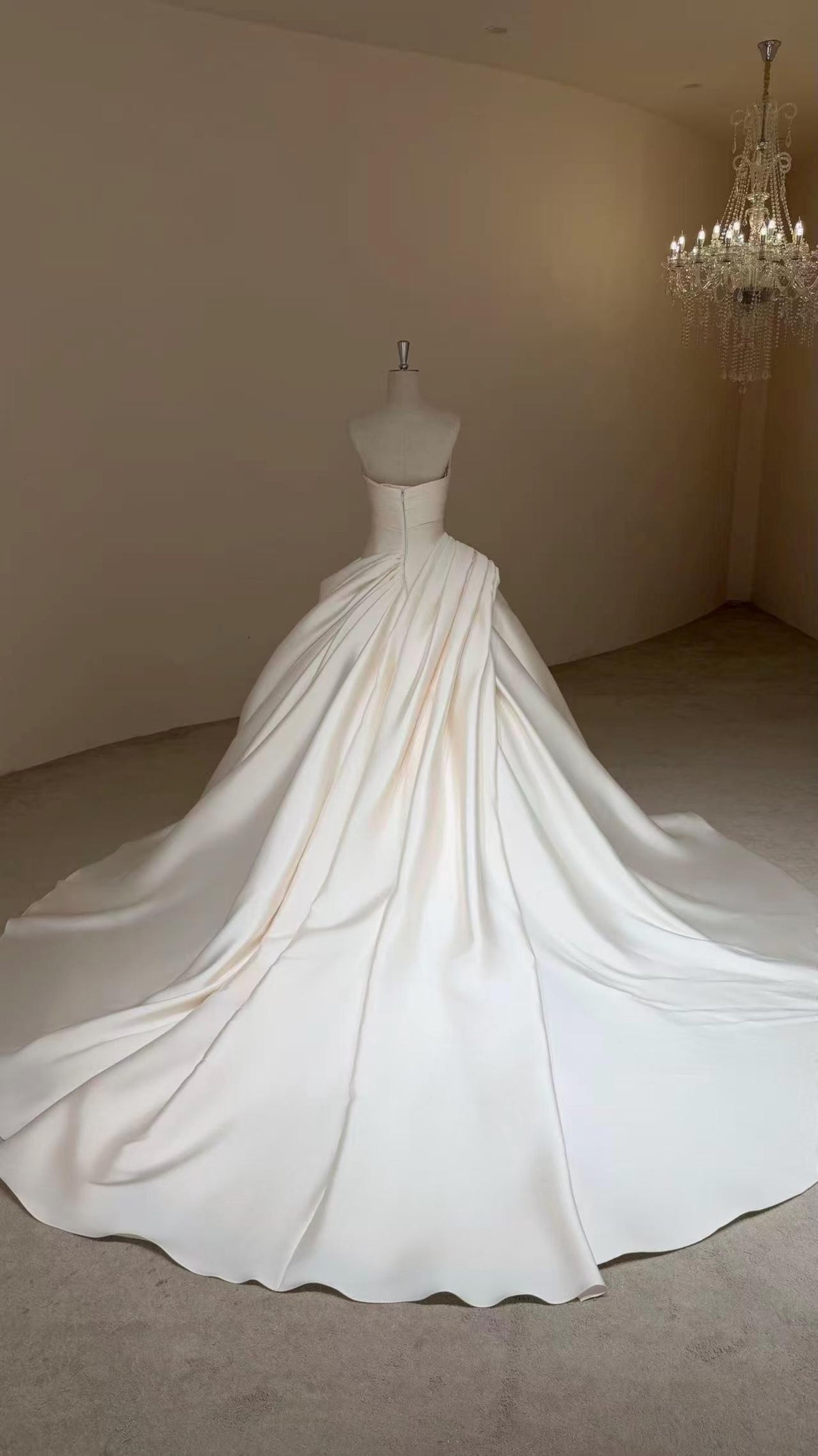 Strapless Pleated Mikado Satin Ballgown Wedding Dress, Draped V Neck A Line Bridal Gown With Train