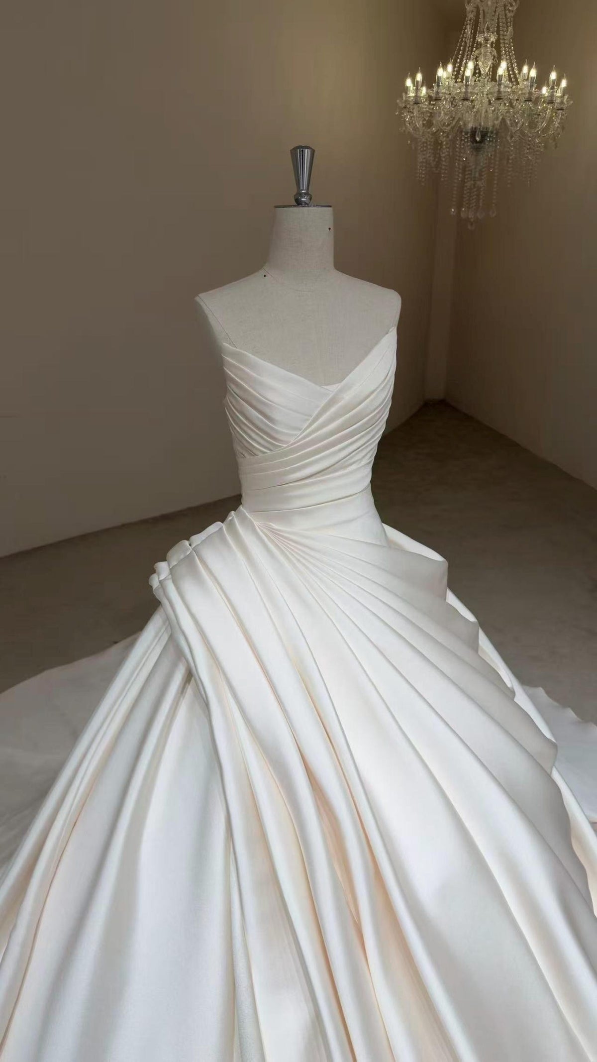 Strapless Pleated Mikado Satin Ballgown Wedding Dress, Draped V Neck A Line Bridal Gown With Train