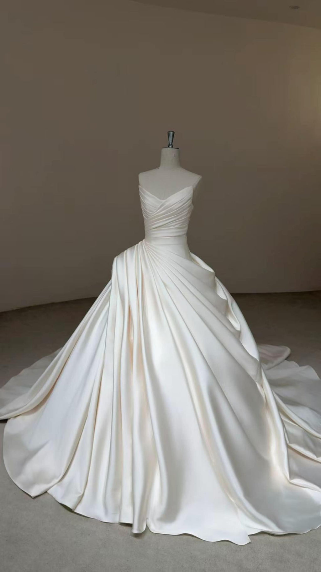 Strapless Pleated Mikado Satin Ballgown Wedding Dress, Draped V Neck A Line Bridal Gown With Train