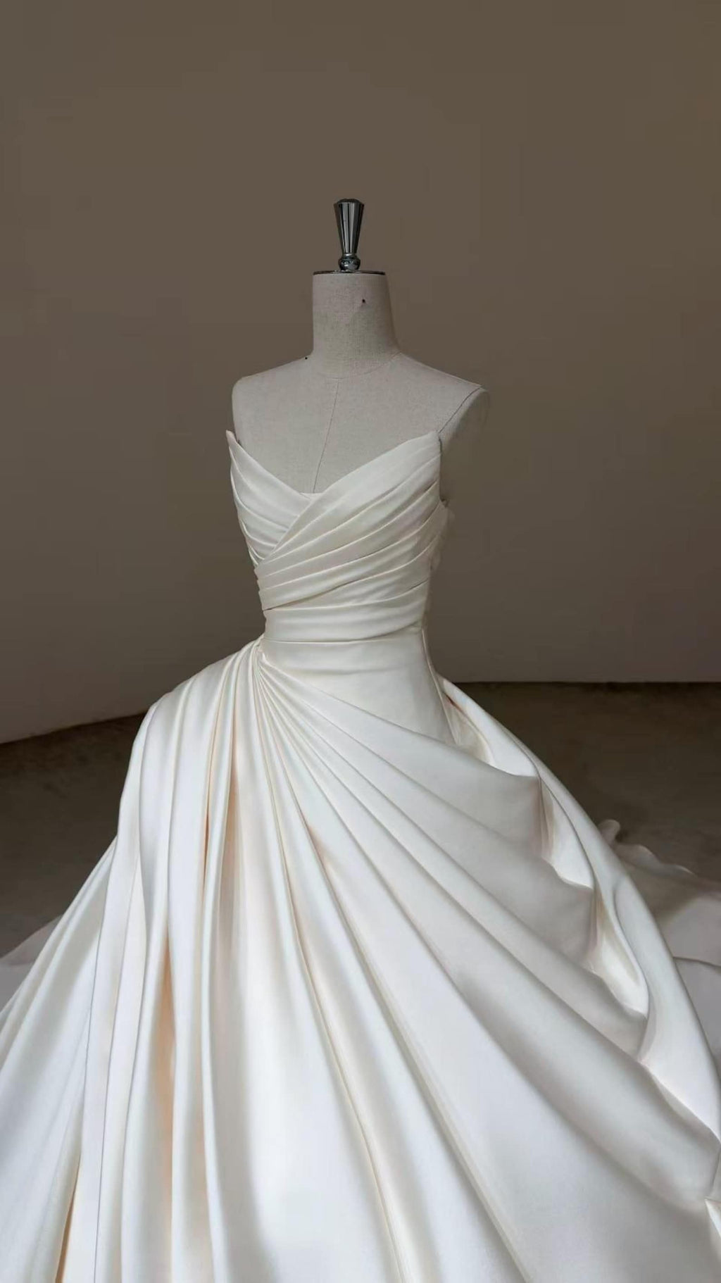 Strapless Pleated Mikado Satin Ballgown Wedding Dress, Draped V Neck A Line Bridal Gown With Train