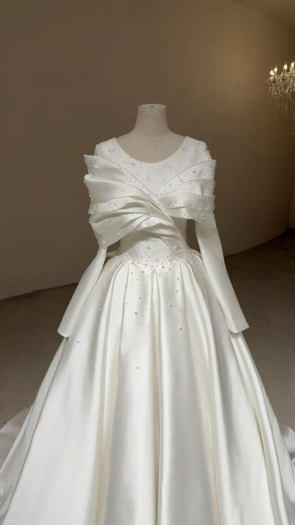 V Neck Long Sleeve Mikado Satin Ballgown Wedding Dress, Draped Bow Beaded A Line Bridal Gown With Train