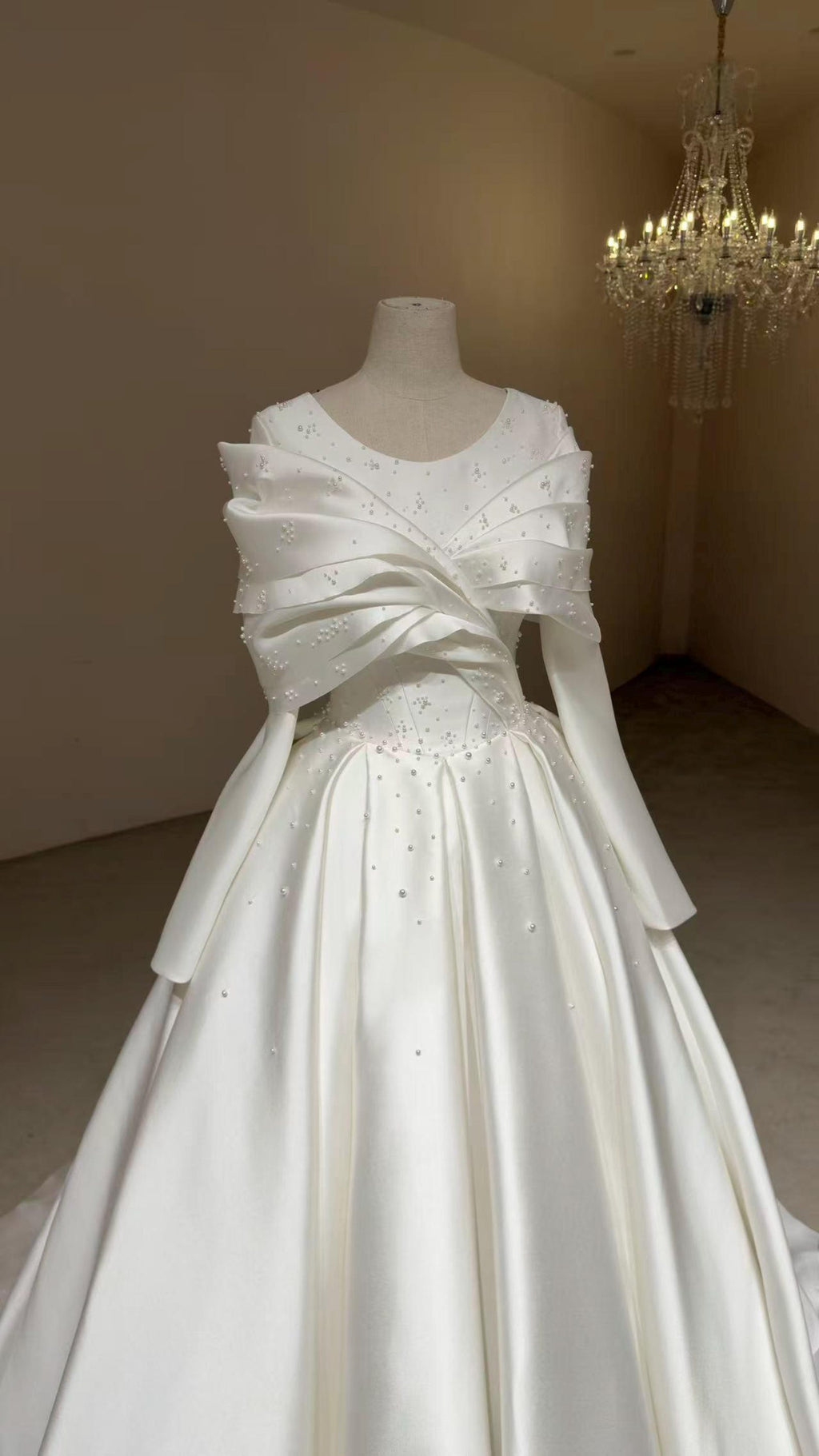 V Neck Long Sleeve Mikado Satin Ballgown Wedding Dress, Draped Bow Beaded A Line Bridal Gown With Train