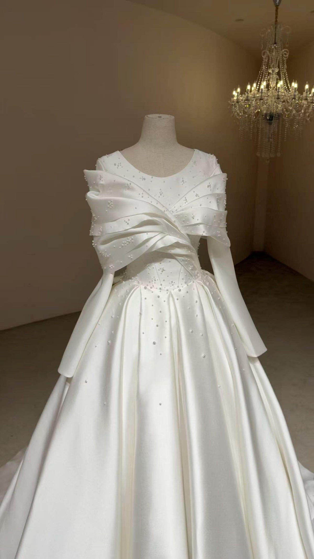 V Neck Long Sleeve Mikado Satin Ballgown Wedding Dress, Draped Bow Beaded A Line Bridal Gown With Train