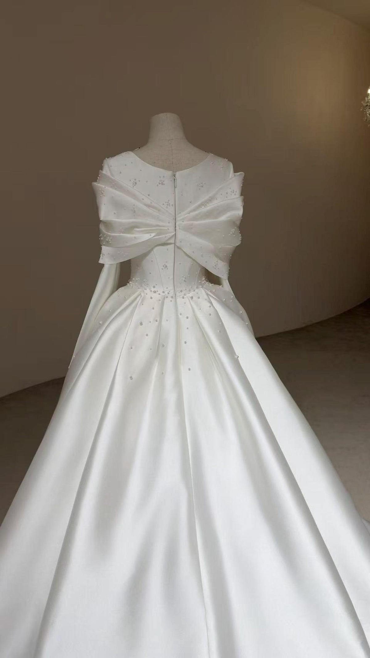 V Neck Long Sleeve Mikado Satin Ballgown Wedding Dress, Draped Bow Beaded A Line Bridal Gown With Train