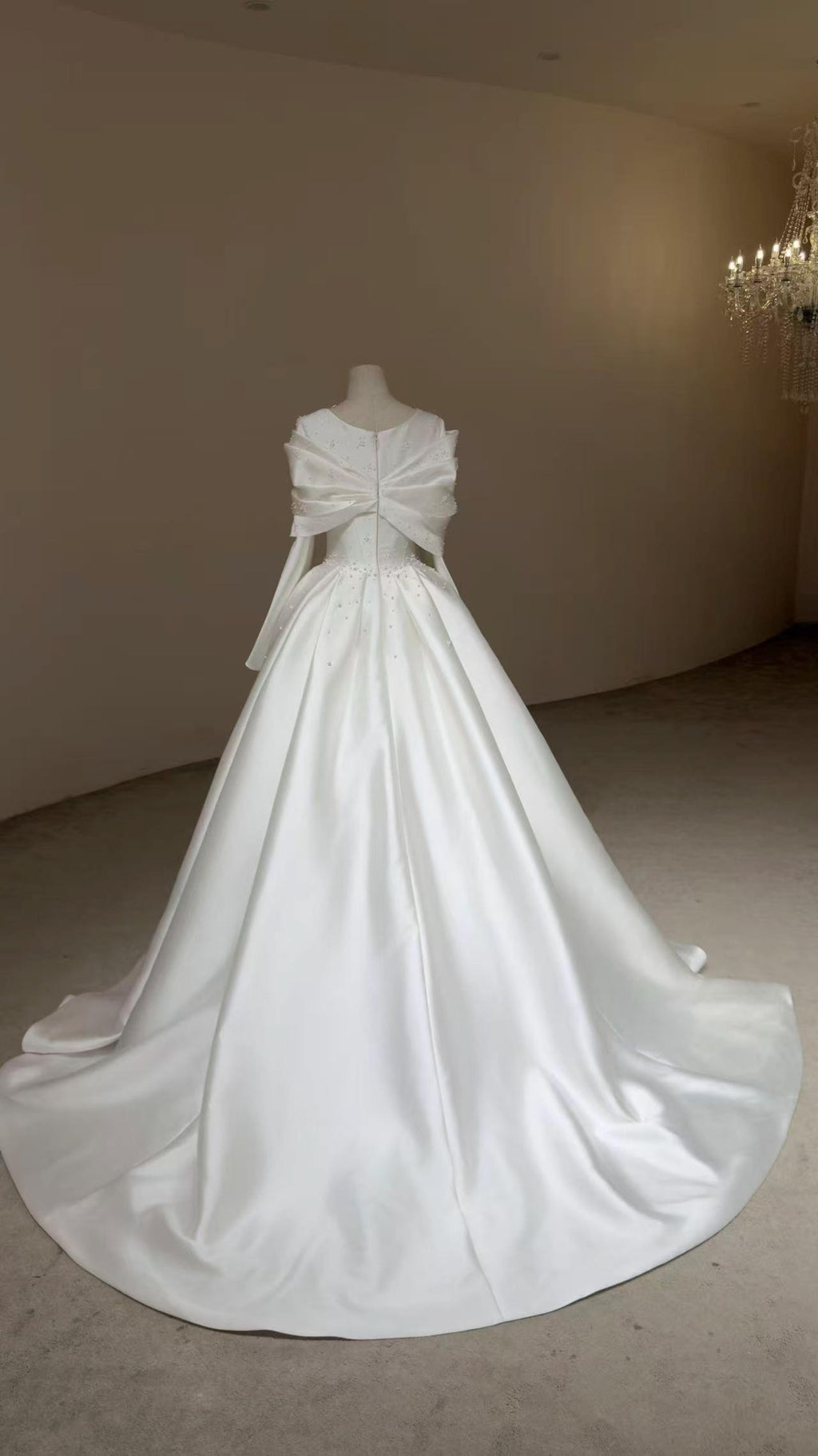 V Neck Long Sleeve Mikado Satin Ballgown Wedding Dress, Draped Bow Beaded A Line Bridal Gown With Train