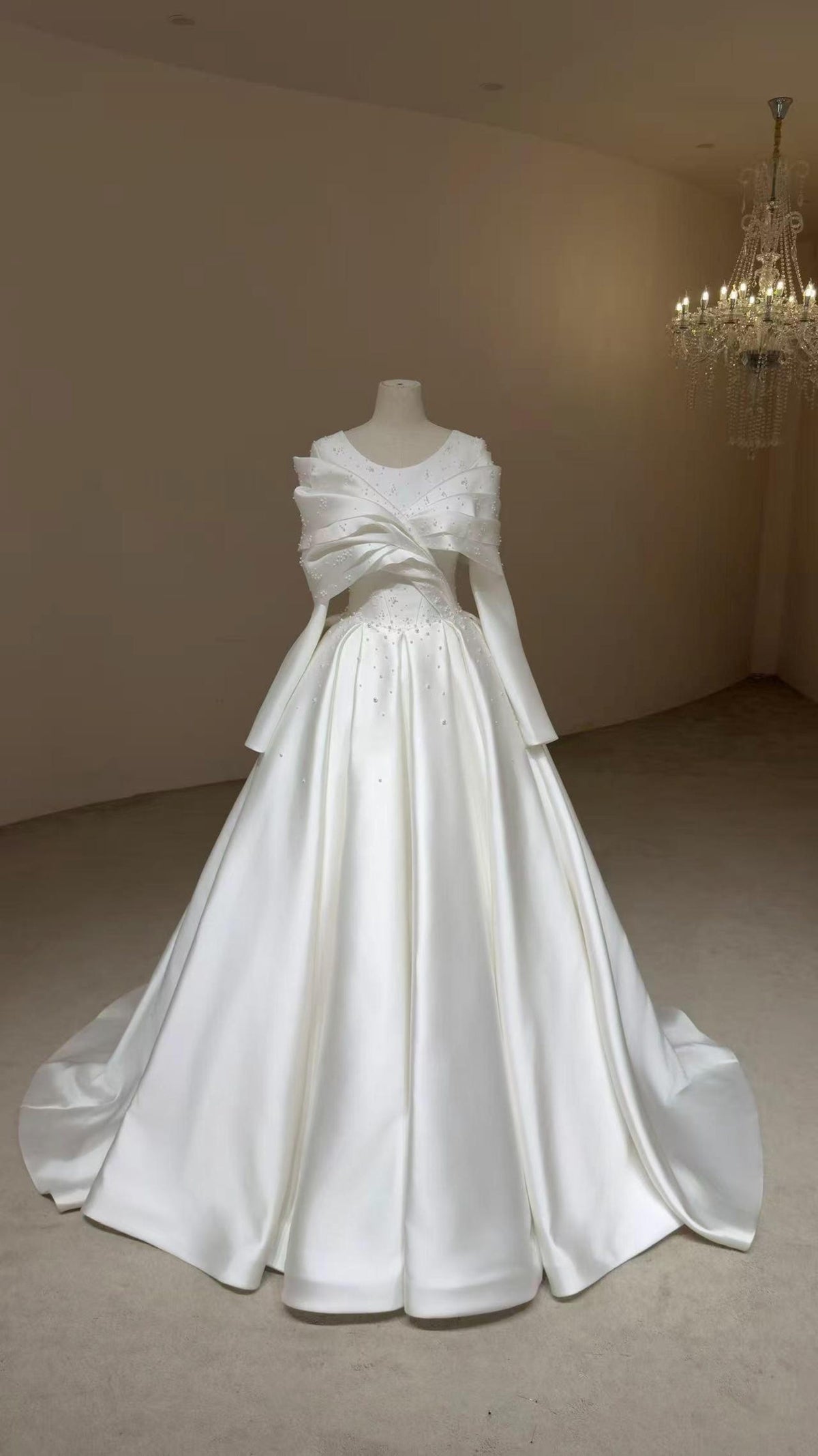 V Neck Long Sleeve Mikado Satin Ballgown Wedding Dress, Draped Bow Beaded A Line Bridal Gown With Train