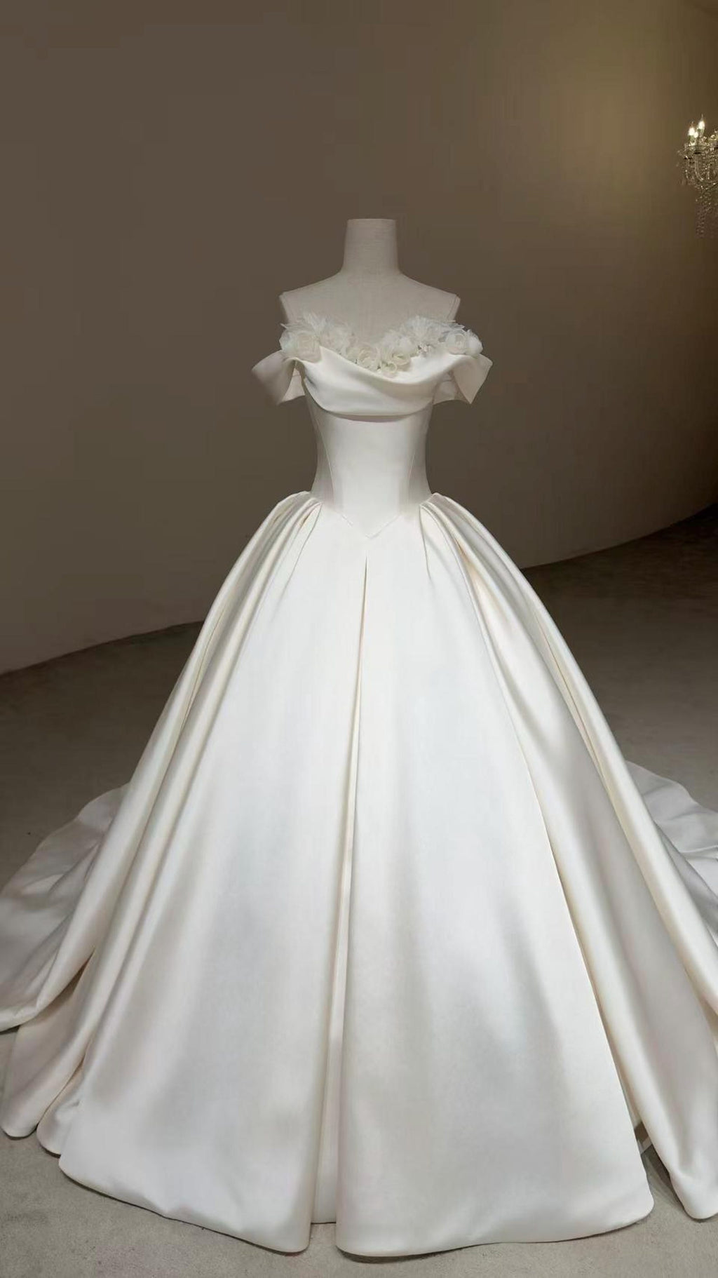Off Shoulder Mikado Satin Ballgown Wedding Dress, 3d Floral Applique A Line Bridal Gown With Train