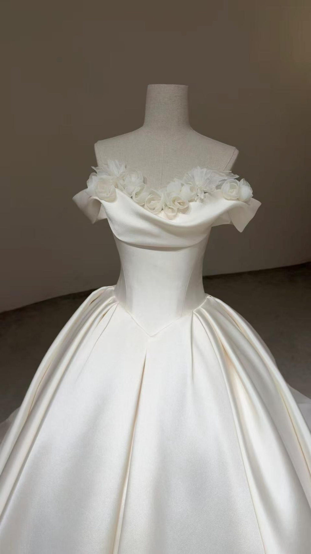 Off Shoulder Mikado Satin Ballgown Wedding Dress, 3d Floral Applique A Line Bridal Gown With Train