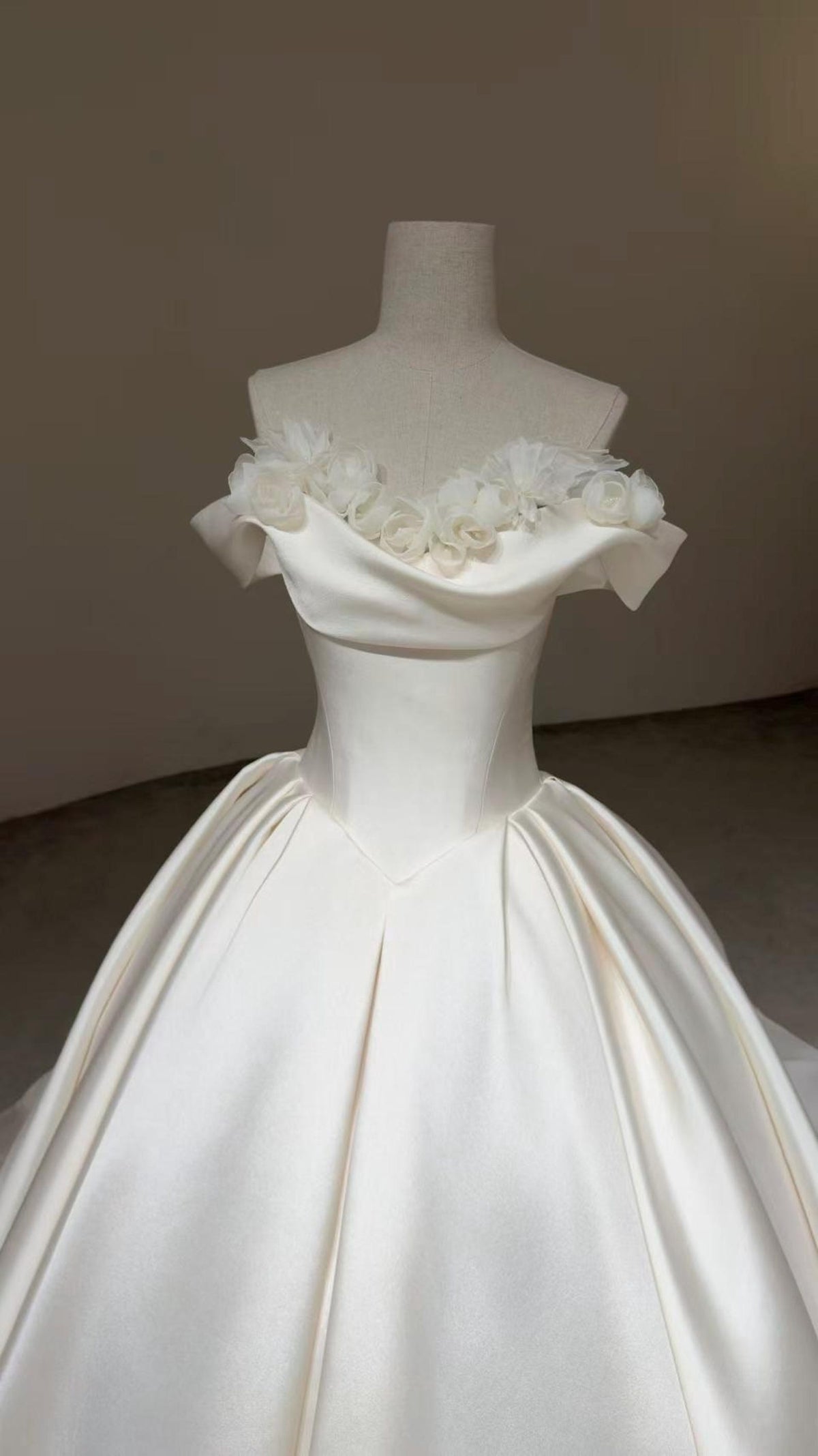 Off Shoulder Mikado Satin Ballgown Wedding Dress, 3d Floral Applique A Line Bridal Gown With Train