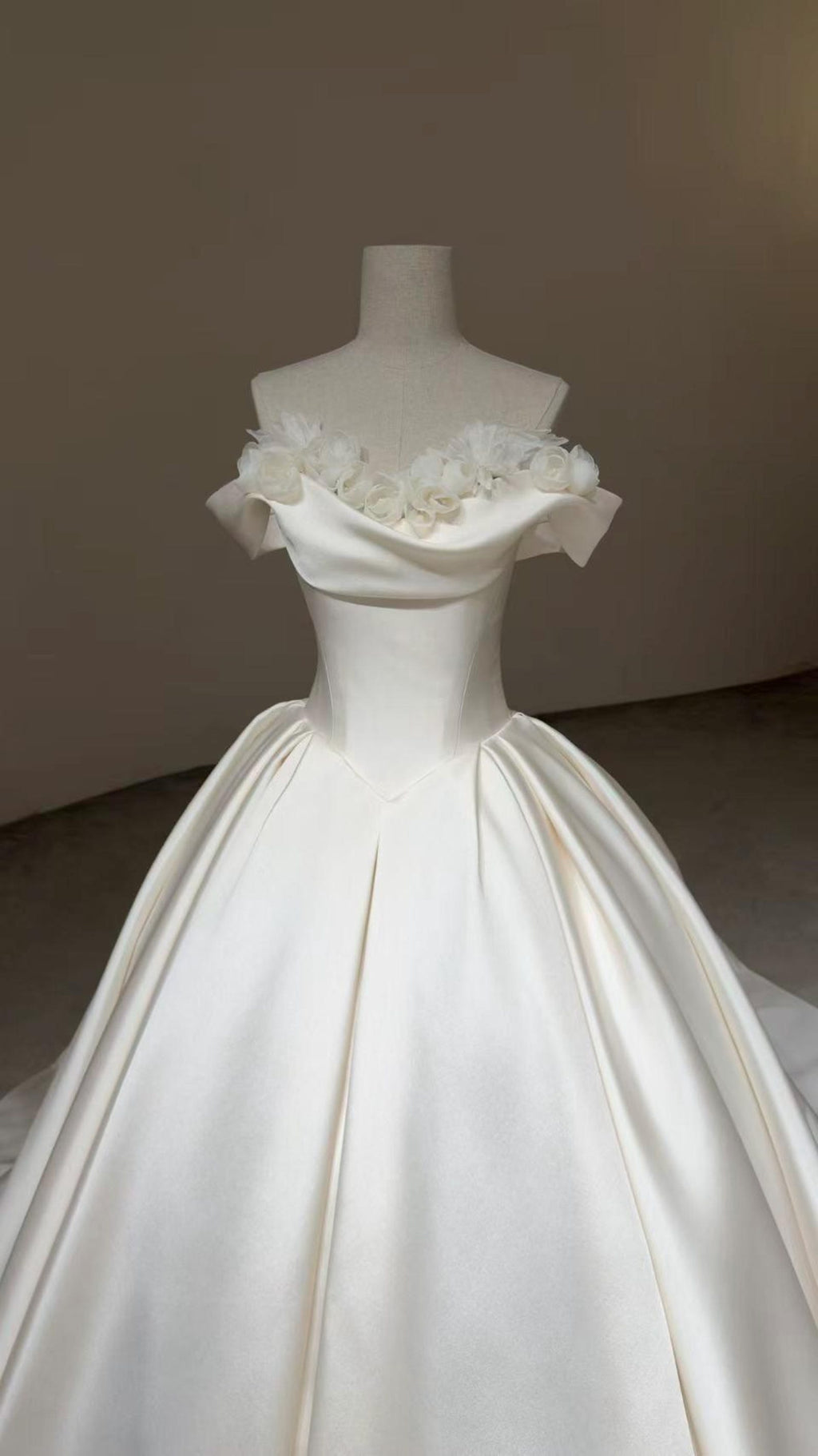 Off Shoulder Mikado Satin Ballgown Wedding Dress, 3d Floral Applique A Line Bridal Gown With Train
