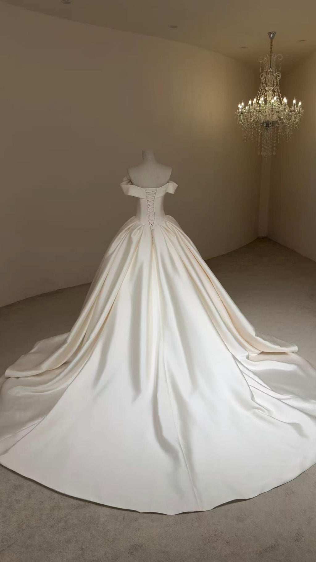 Off Shoulder Mikado Satin Ballgown Wedding Dress, 3d Floral Applique A Line Bridal Gown With Train