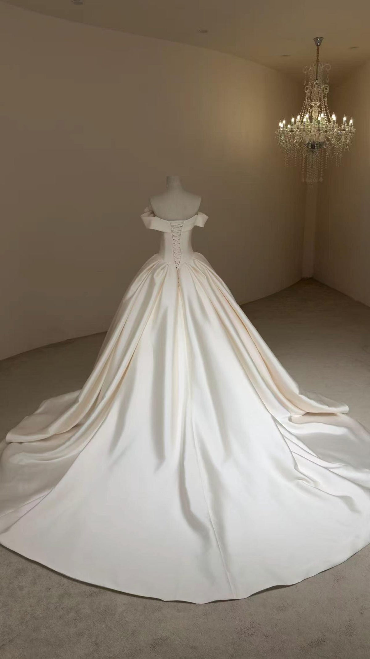 Off Shoulder Mikado Satin Ballgown Wedding Dress, 3d Floral Applique A Line Bridal Gown With Train
