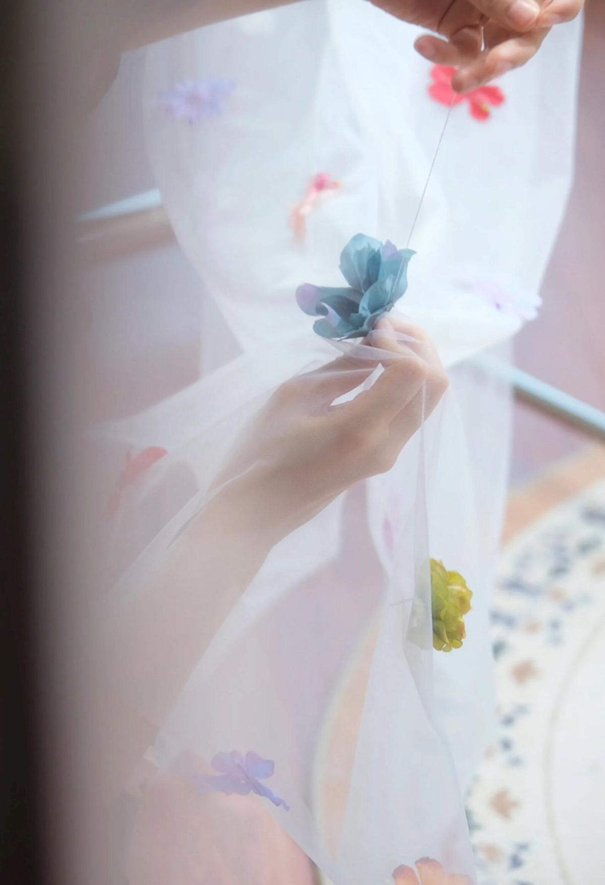 Colorful 3D Floral Wedding Veil, Long Tulle Bridal Veil With Handmade Multicolor Flower Appliques