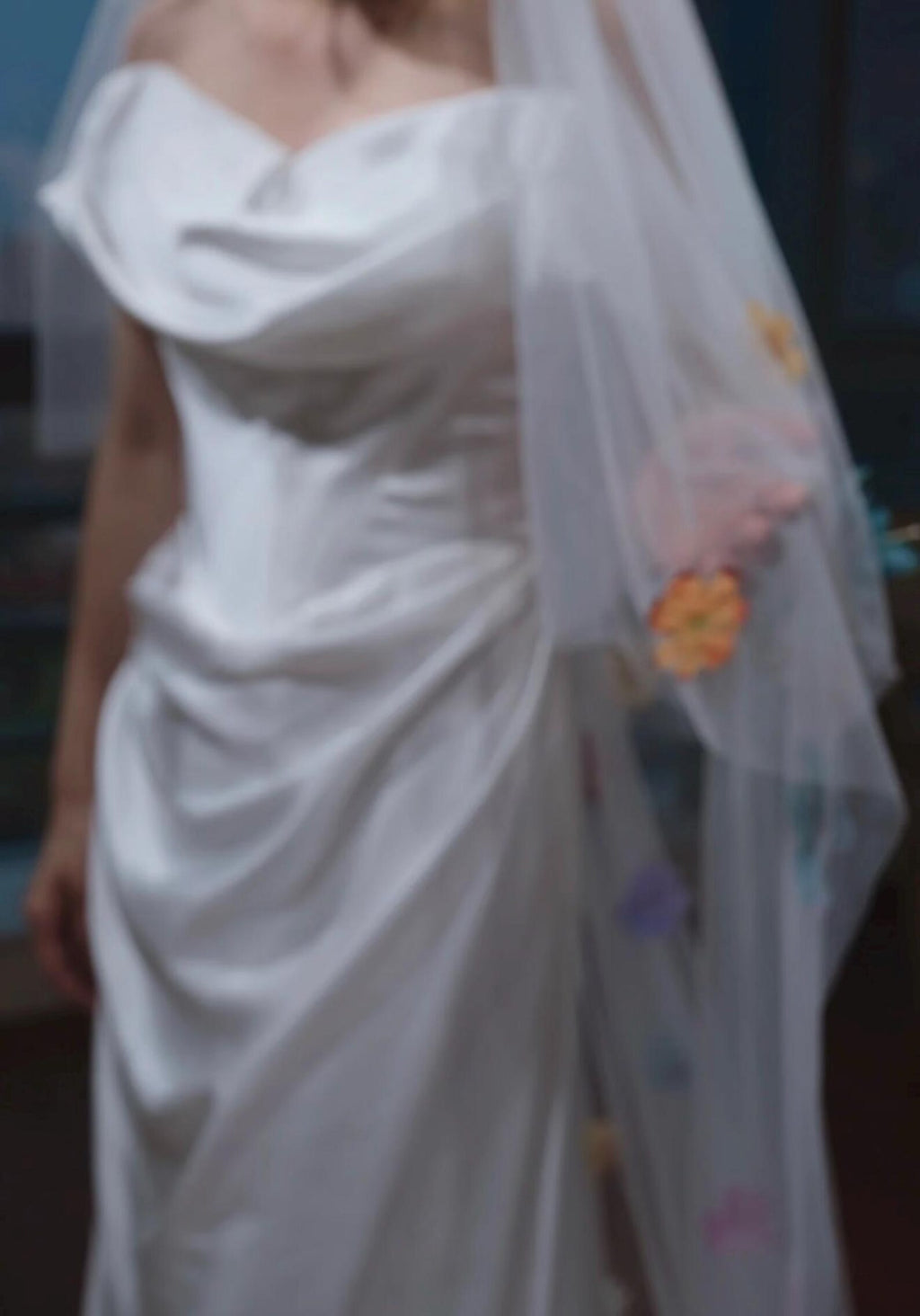 Colorful 3D Floral Wedding Veil, Long Tulle Bridal Veil With Handmade Multicolor Flower Appliques