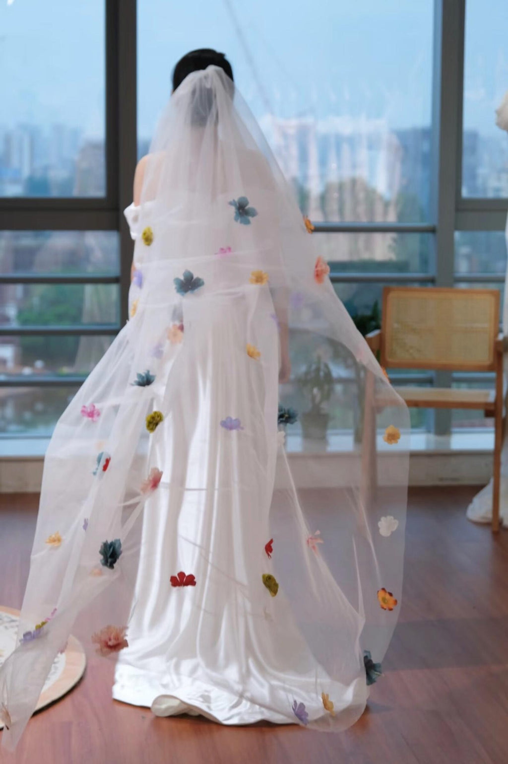Colorful 3D Floral Wedding Veil, Long Tulle Bridal Veil With Handmade Multicolor Flower Appliques