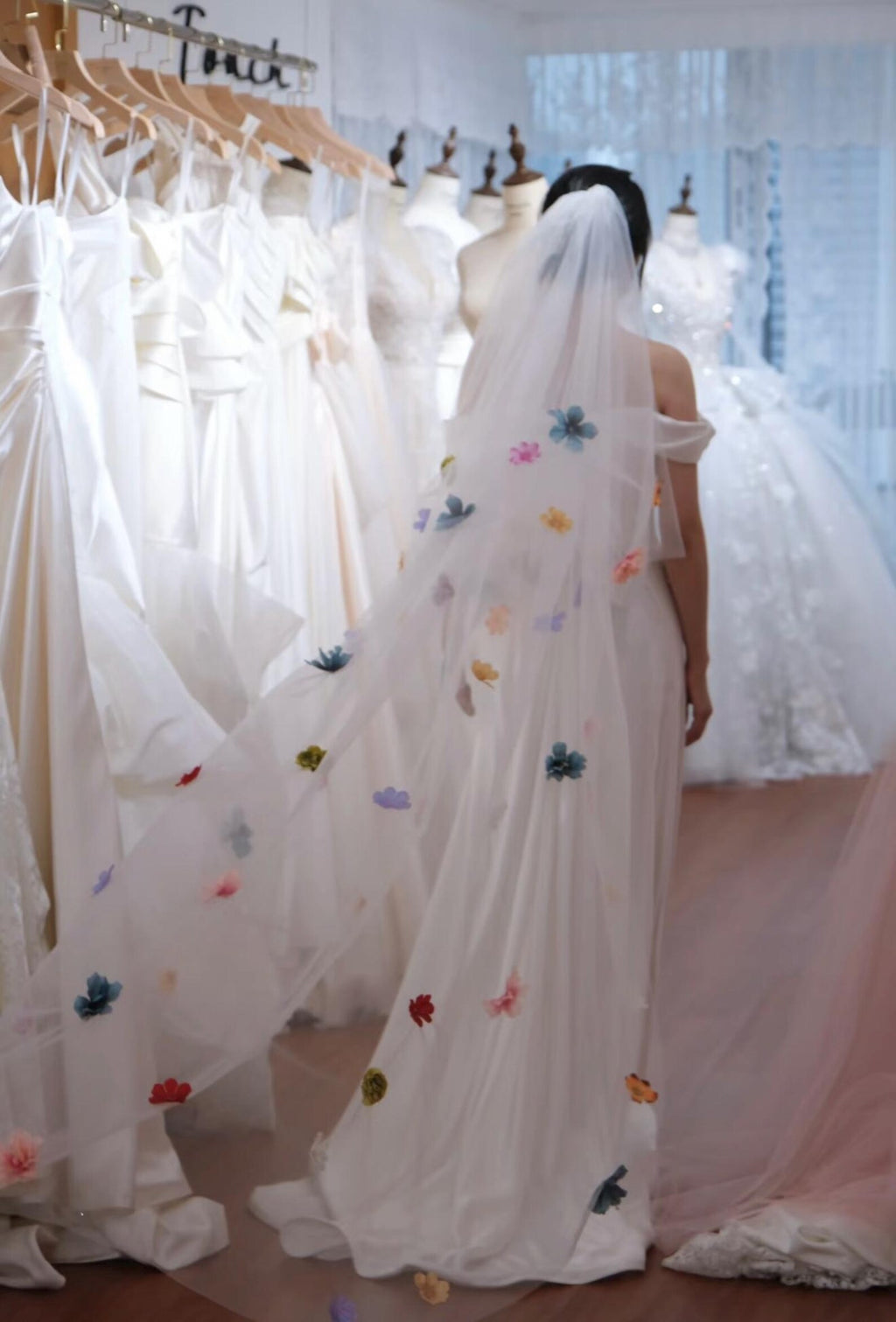 Colorful 3D Floral Wedding Veil, Long Tulle Bridal Veil With Handmade Multicolor Flower Appliques