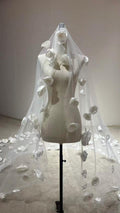White 3D Rose Wedding Veil, Cathedral Length Sheer Tulle Bridal Veil With Handmade Fabric Roses