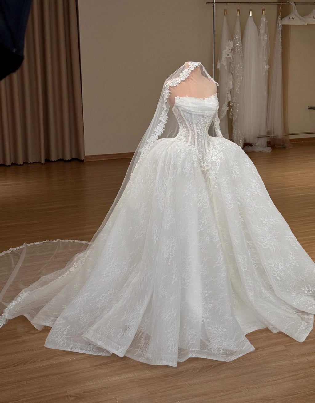Strapless Lace Wedding Dress with Corset Bodice, Draped Ball Gown Bridal Dress with Train, Floral Lace Wedding Gown with Veil