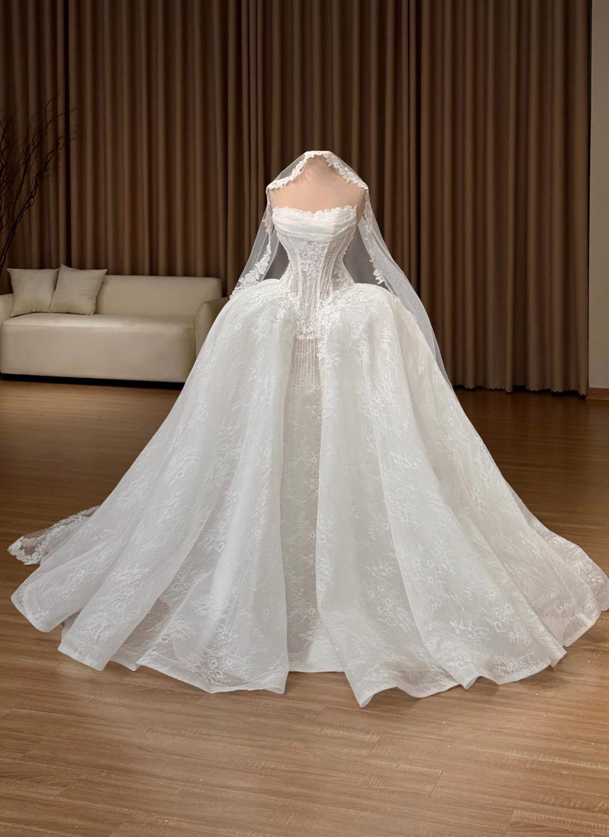 Strapless Lace Wedding Dress with Corset Bodice, Draped Ball Gown Bridal Dress with Train, Floral Lace Wedding Gown with Veil