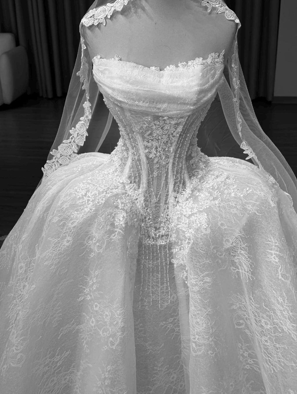 Strapless Lace Wedding Dress with Corset Bodice, Draped Ball Gown Bridal Dress with Train, Floral Lace Wedding Gown with Veil