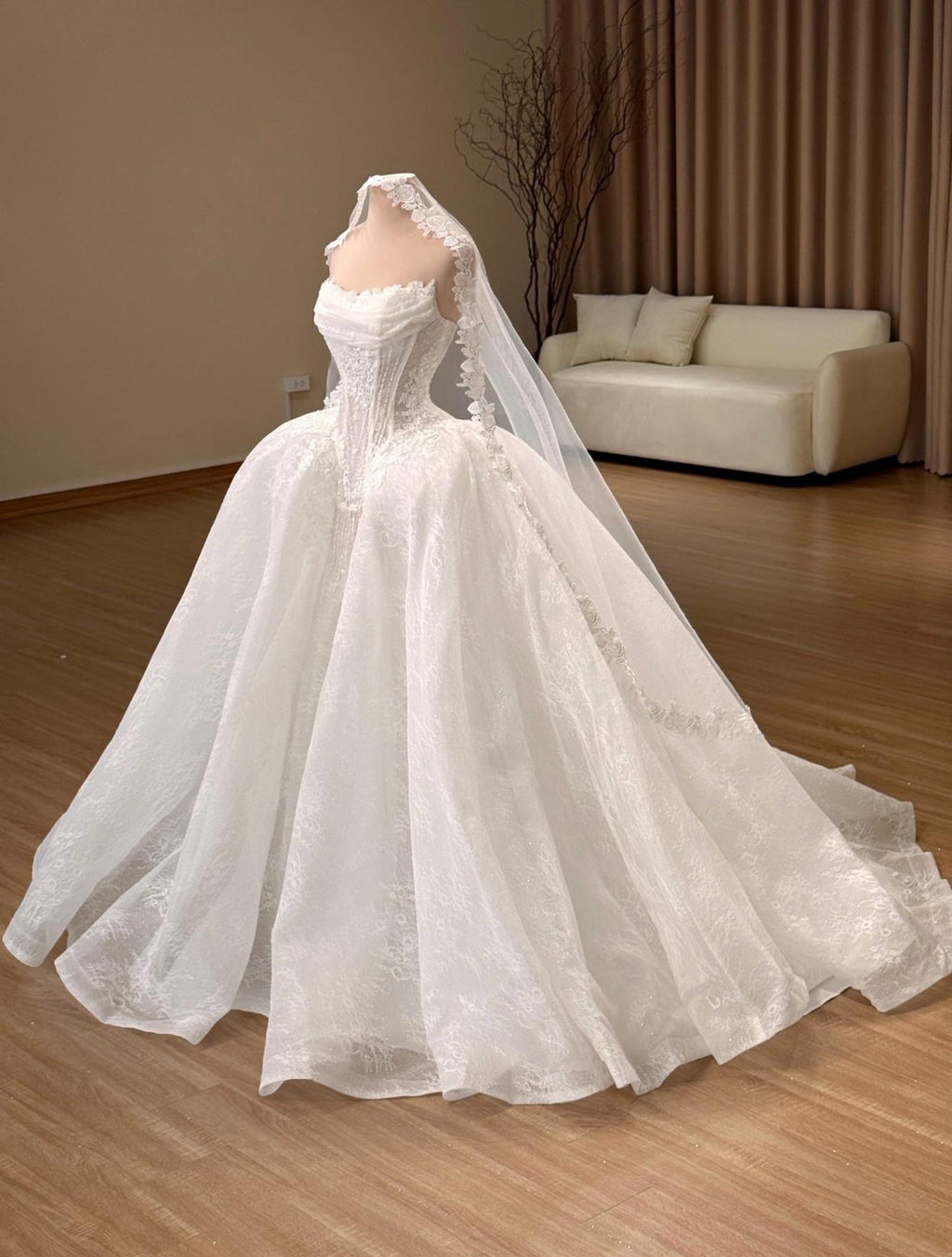 Strapless Lace Wedding Dress with Corset Bodice, Draped Ball Gown Bridal Dress with Train, Floral Lace Wedding Gown with Veil