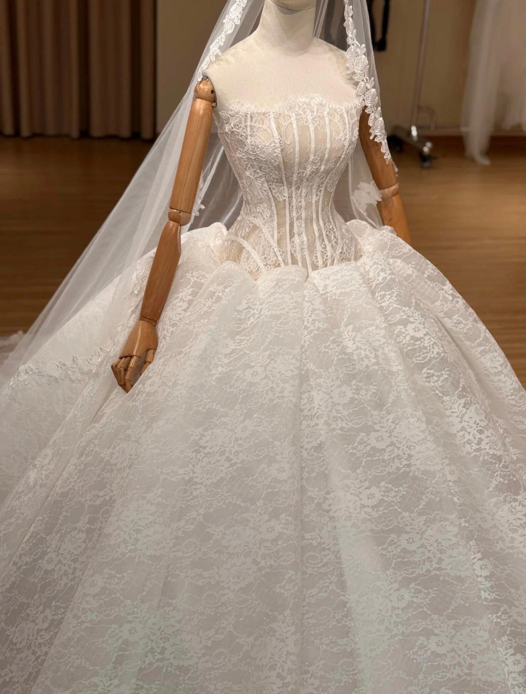 Strapless Corset Lace Wedding Dress, Sheer Illusion Bodice Ball Gown with Train, Floral Lace Bridal Gown with Rose Veil