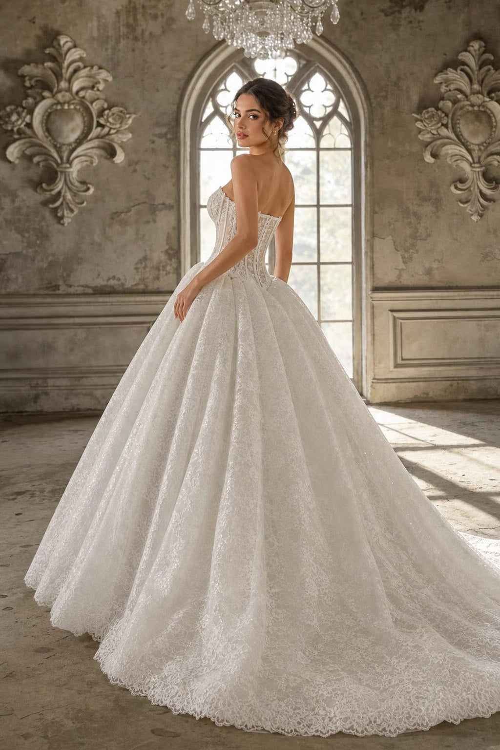 Strapless Corset Lace Wedding Dress, Sheer Illusion Bodice Ball Gown with Train, Floral Lace Bridal Gown with Rose Veil
