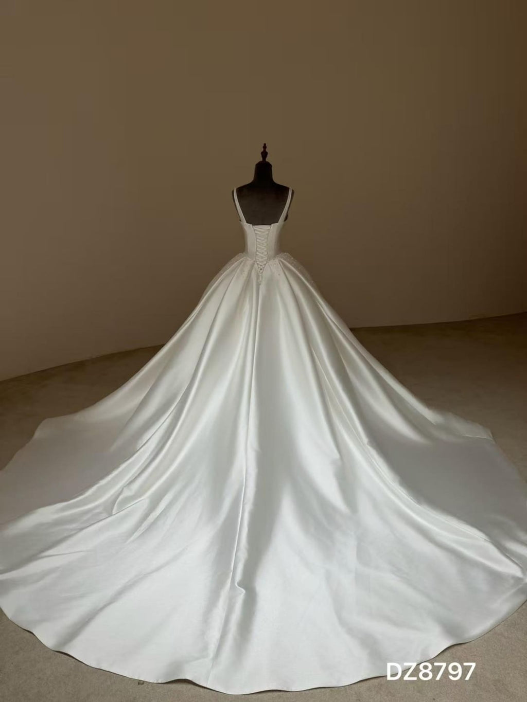 Spaghetti Strap Sweetheart Mikado Satin Ballgown Wedding Dress, Beaded A Line Bridal Gown With Train