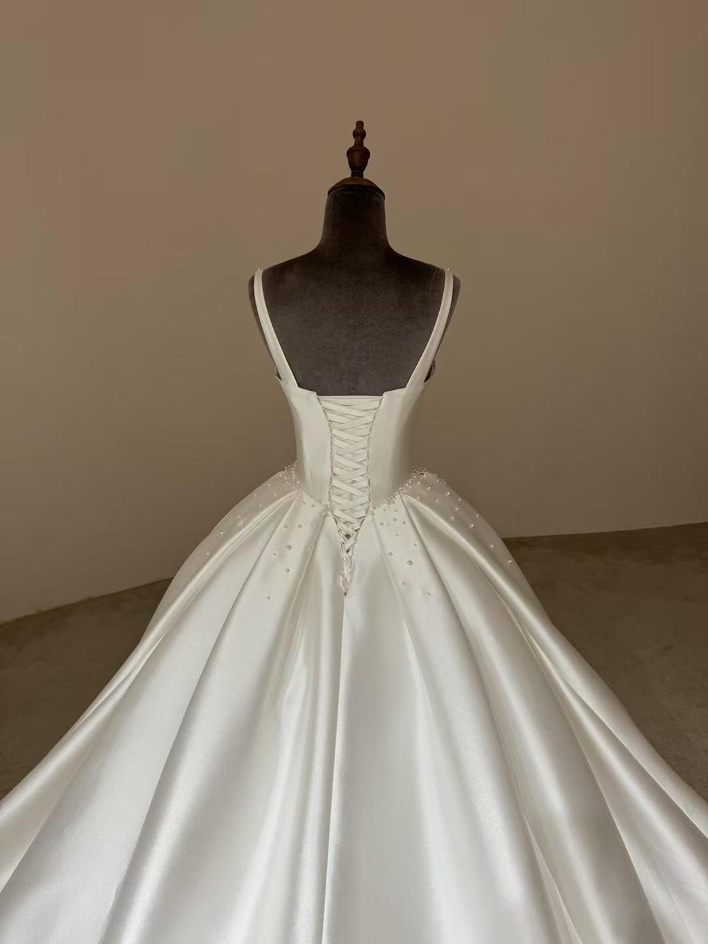 Spaghetti Strap Sweetheart Mikado Satin Ballgown Wedding Dress, Beaded A Line Bridal Gown With Train