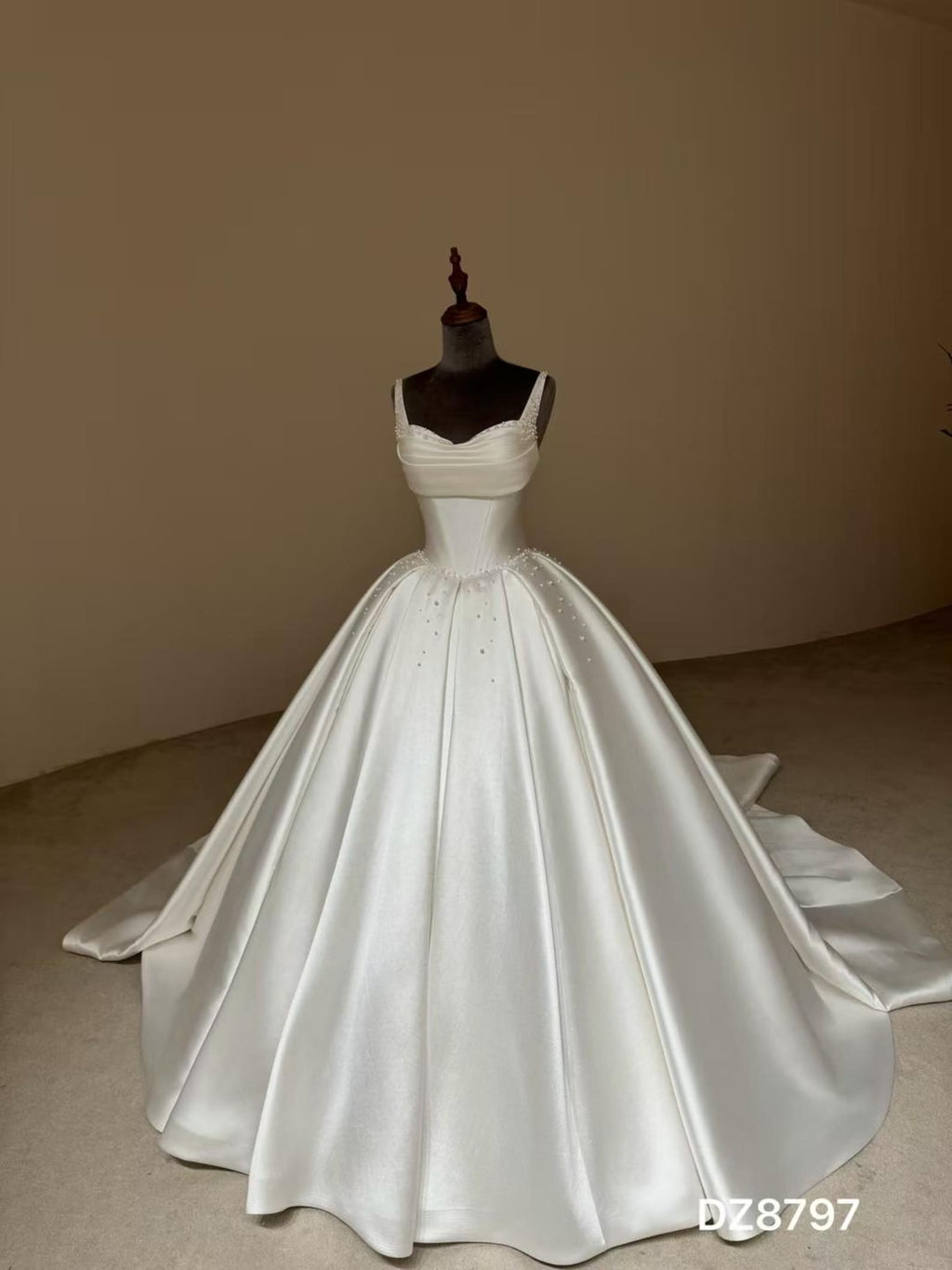 Spaghetti Strap Sweetheart Mikado Satin Ballgown Wedding Dress, Beaded A Line Bridal Gown With Train