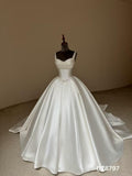 Spaghetti Strap Sweetheart Mikado Satin Ballgown Wedding Dress, Beaded A Line Bridal Gown With Train
