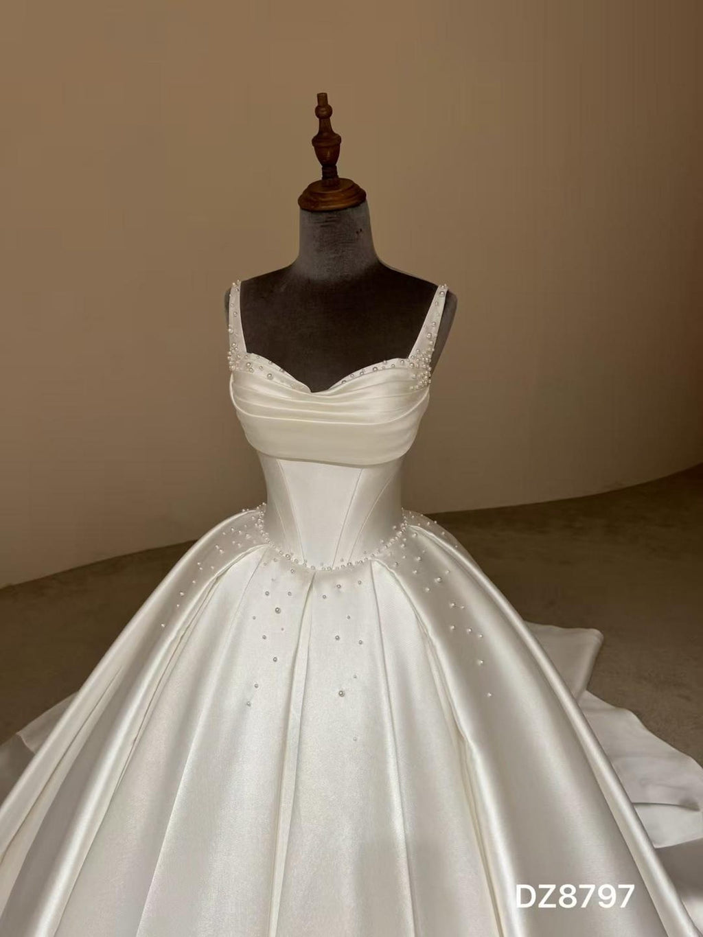 Spaghetti Strap Sweetheart Mikado Satin Ballgown Wedding Dress, Beaded A Line Bridal Gown With Train