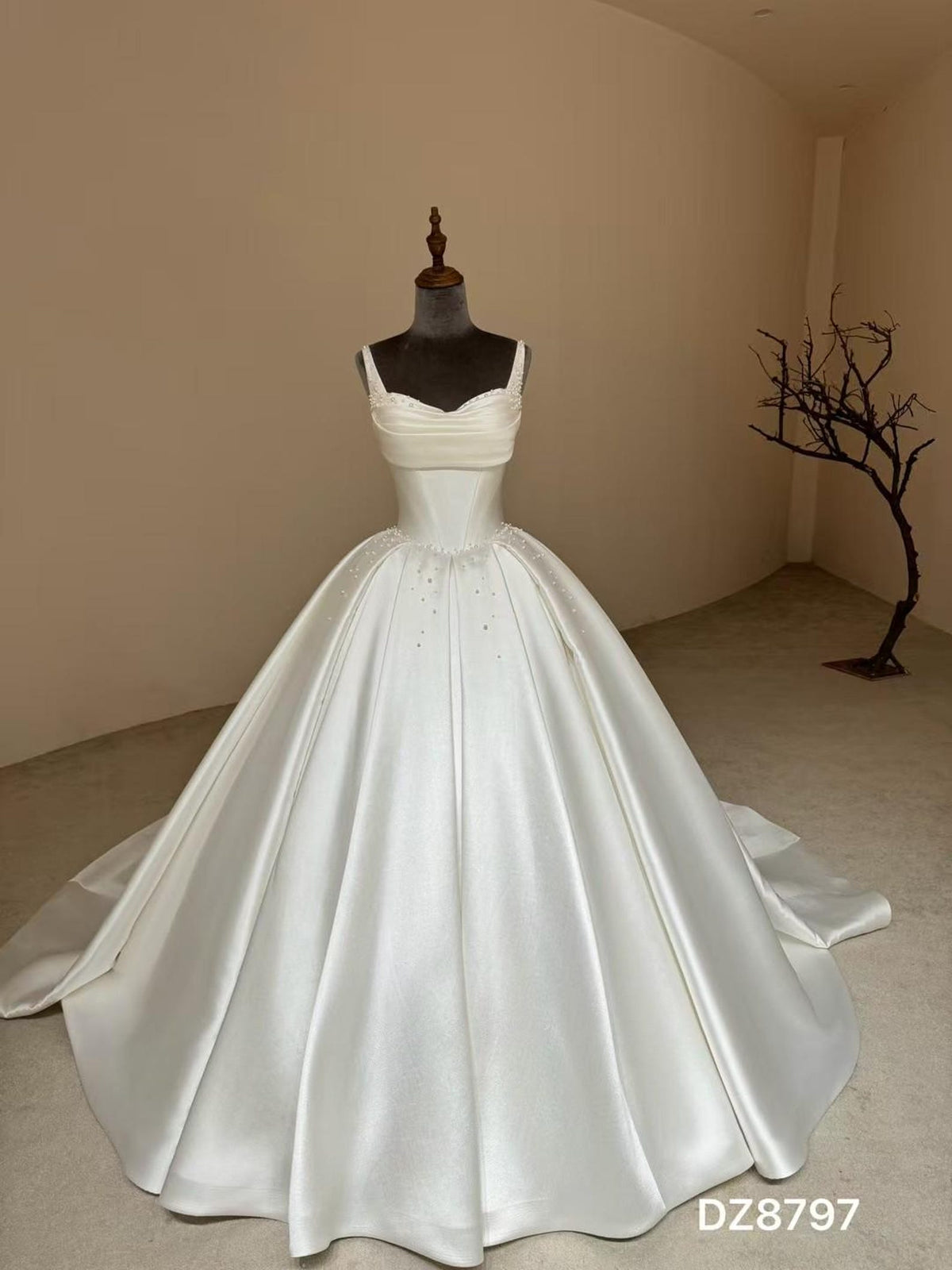 Spaghetti Strap Sweetheart Mikado Satin Ballgown Wedding Dress, Beaded A Line Bridal Gown With Train