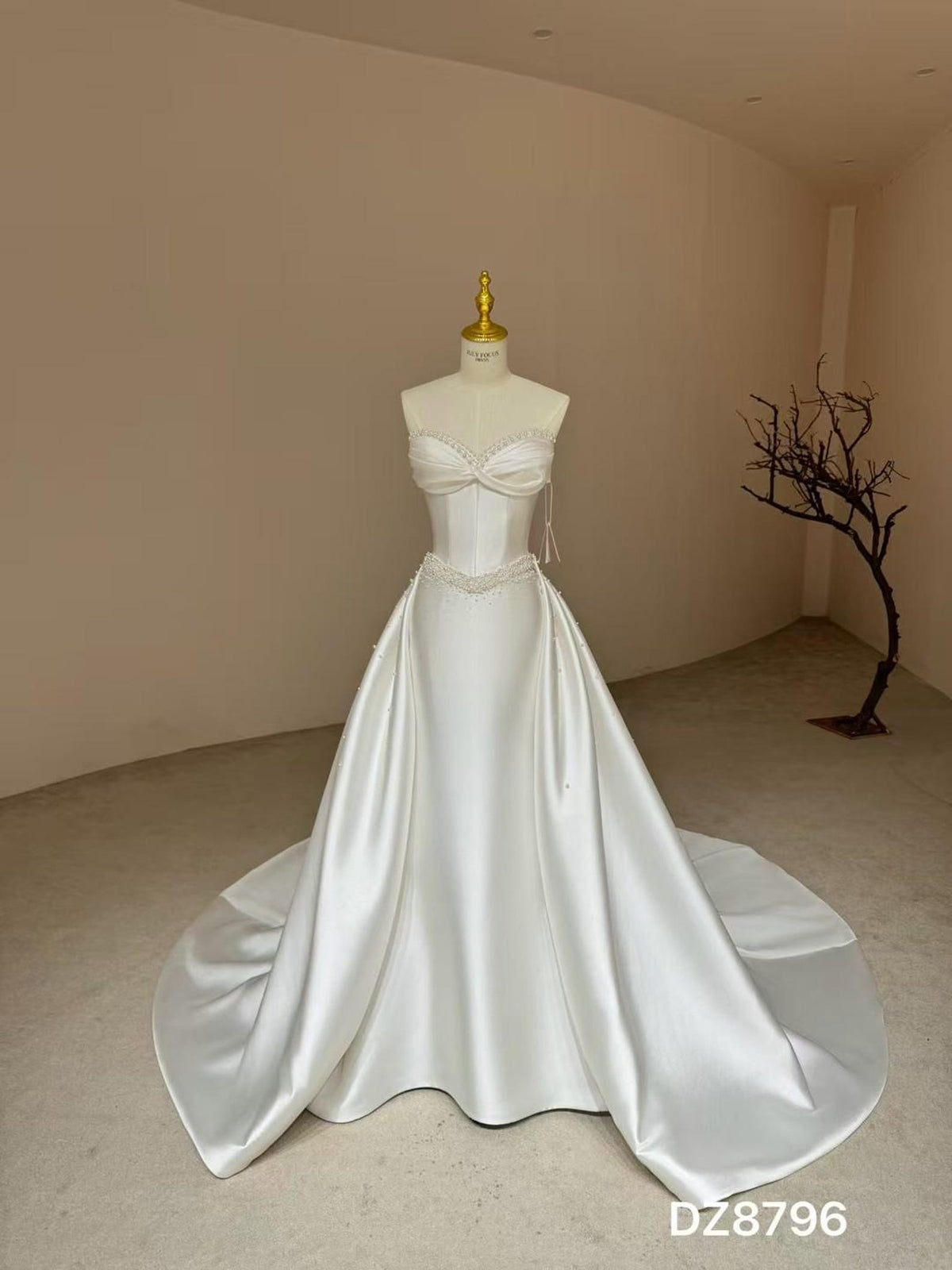 Strapless Twist Mikado Satin Wedding Dress, Detachable Overskirt Pearl Beaded Bridal Gown With Train