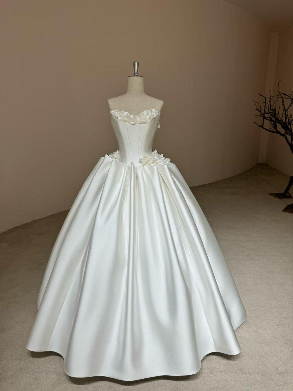 Strapless 3D Floral Mikado Satin Ballgown Wedding Dress, Handmade Flower Bridal Gown