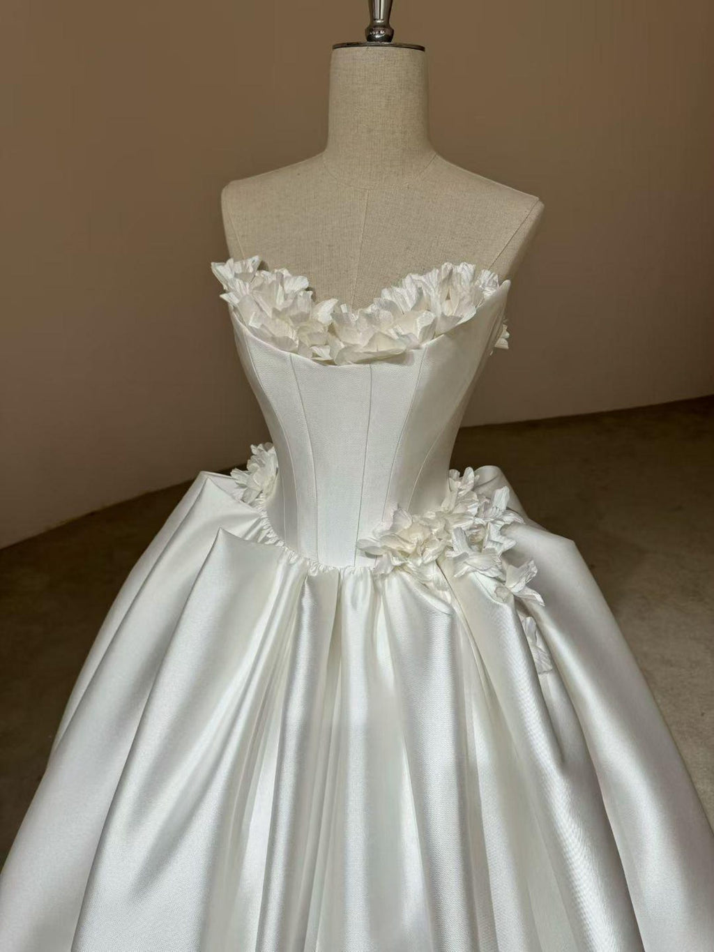 Strapless 3D Floral Mikado Satin Ballgown Wedding Dress, Handmade Flower Bridal Gown
