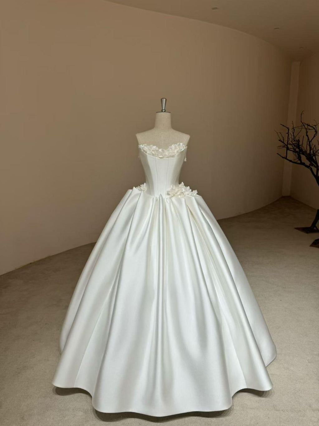Strapless 3D Floral Mikado Satin Ballgown Wedding Dress, Handmade Flower Bridal Gown
