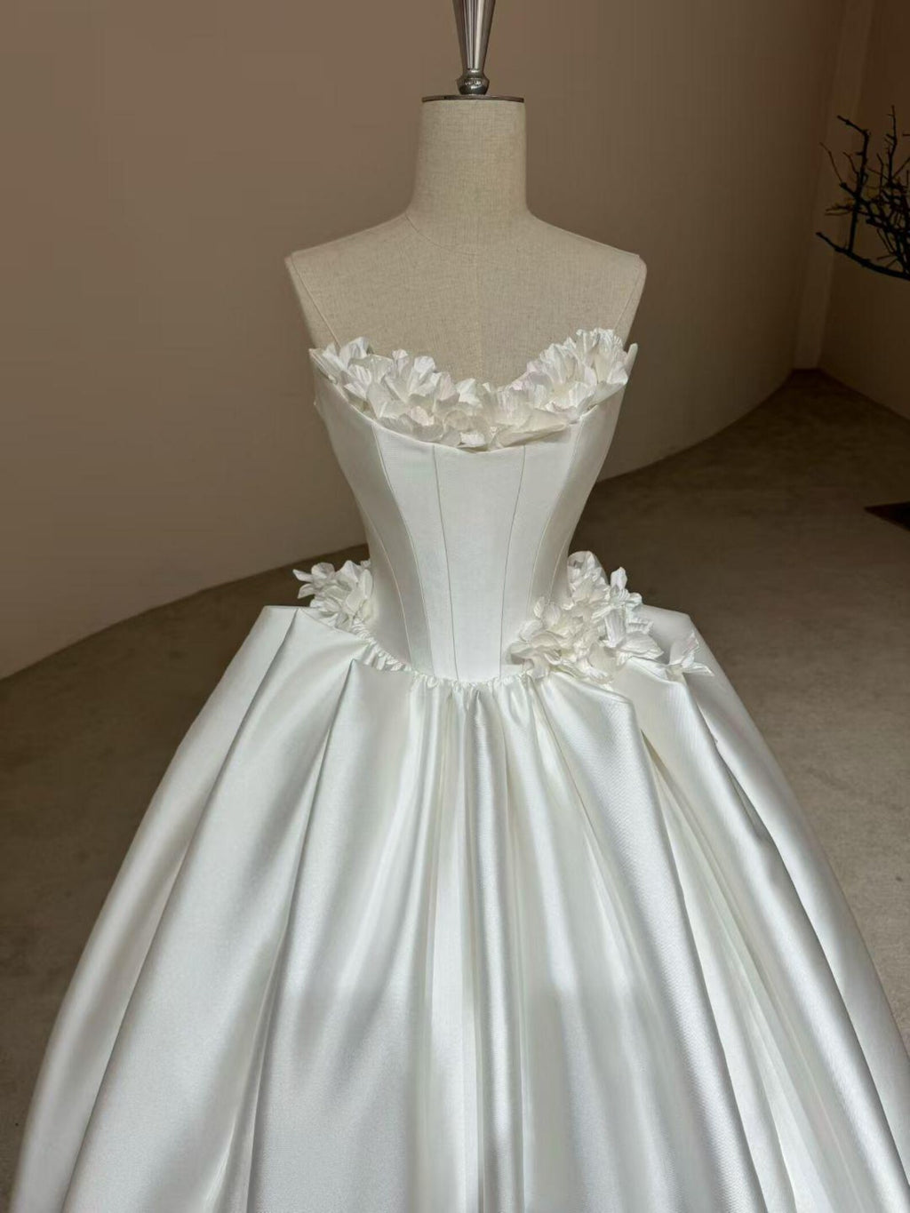 Strapless 3D Floral Mikado Satin Ballgown Wedding Dress, Handmade Flower Bridal Gown