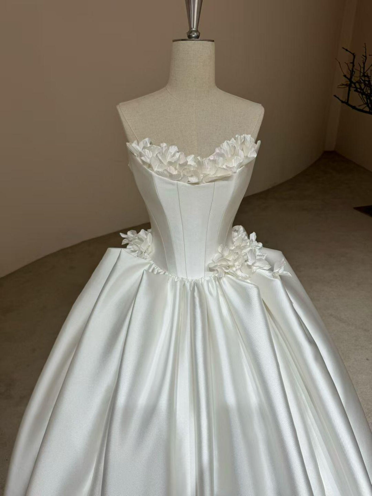 Strapless 3D Floral Mikado Satin Ballgown Wedding Dress, Handmade Flower Bridal Gown