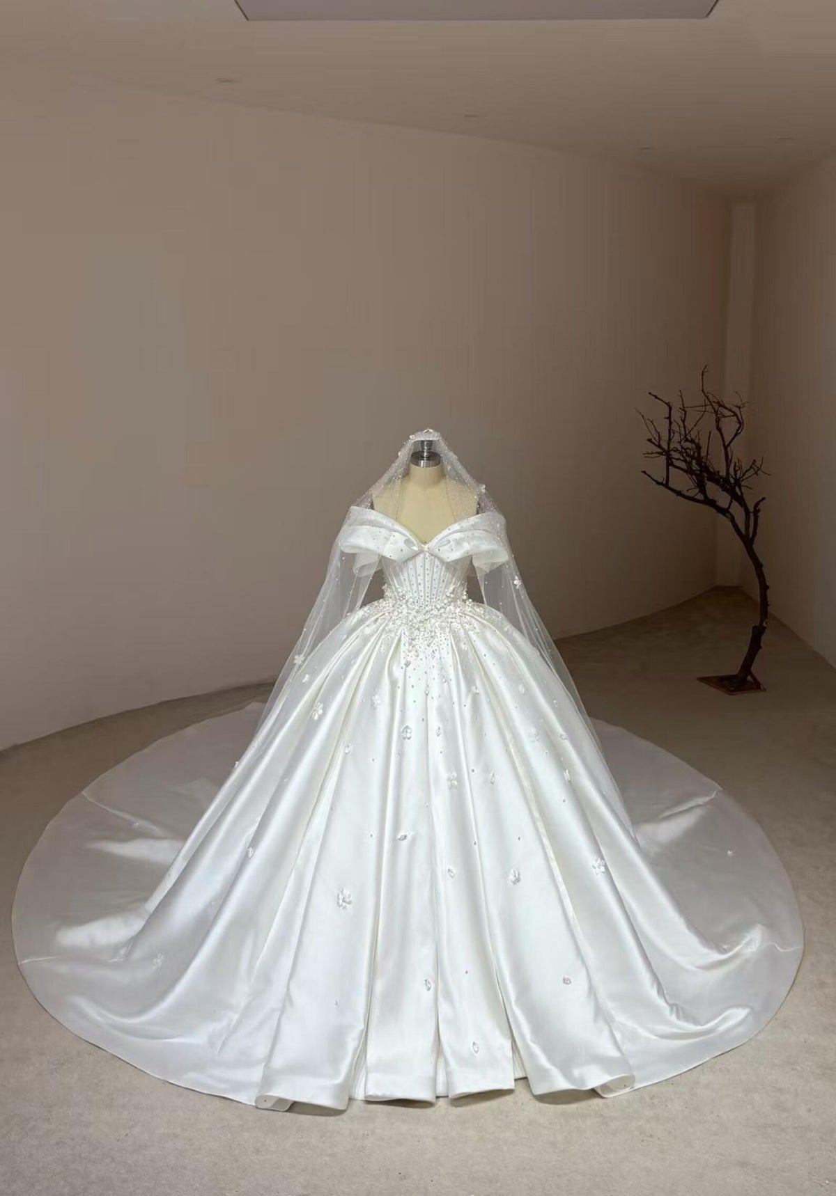 Off Shoulder Bow Mikado Satin Ballgown Wedding Dress, 3D Floral Beaded Bridal Gown With Train