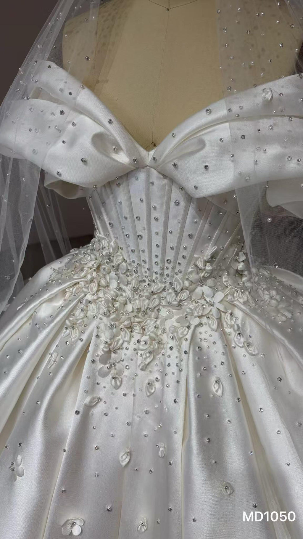Off Shoulder Bow Mikado Satin Ballgown Wedding Dress, 3D Floral Beaded Bridal Gown With Train