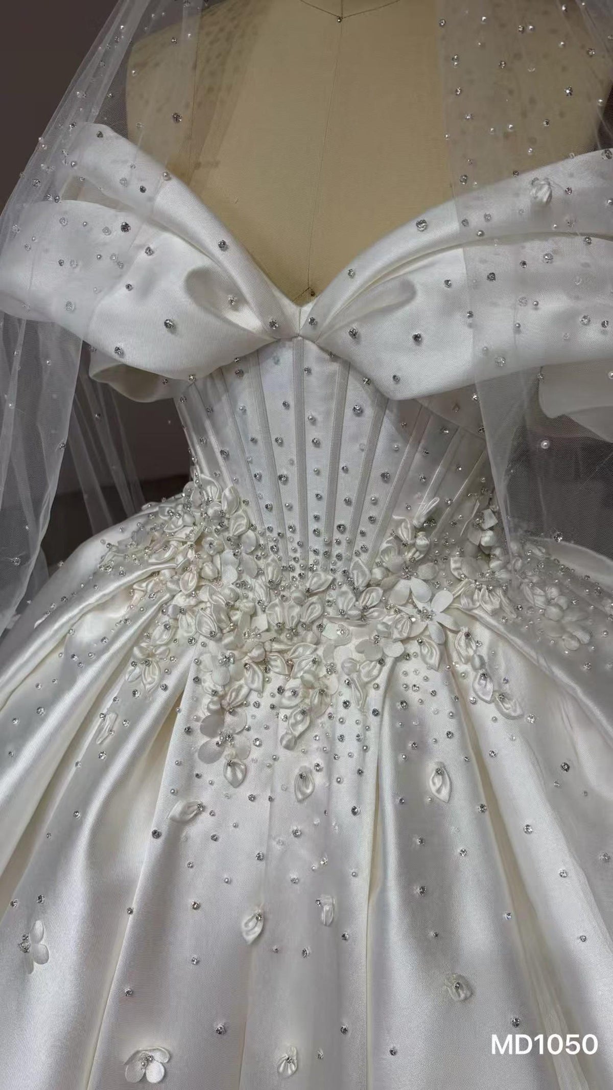 Off Shoulder Bow Mikado Satin Ballgown Wedding Dress, 3D Floral Beaded Bridal Gown With Train