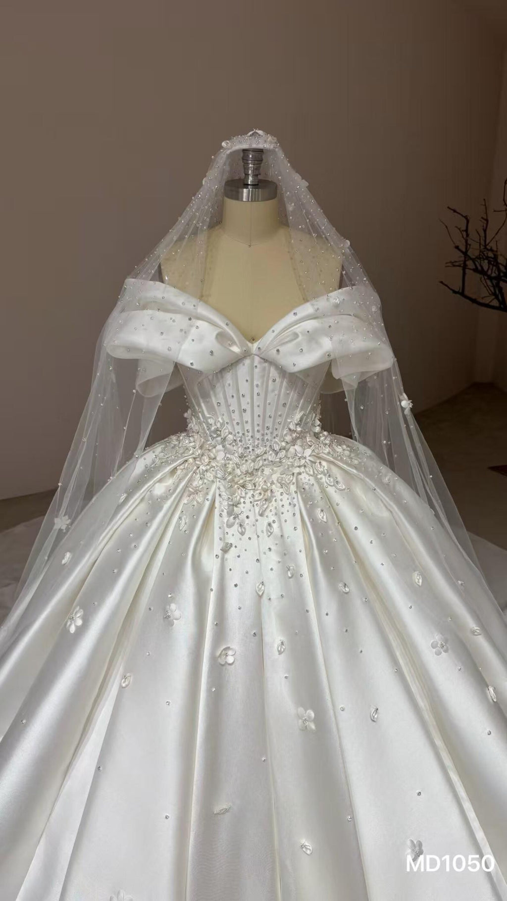 Off Shoulder Bow Mikado Satin Ballgown Wedding Dress, 3D Floral Beaded Bridal Gown With Train
