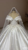 Off Shoulder Bow Mikado Satin Ballgown Wedding Dress, 3D Floral Beaded Bridal Gown With Train