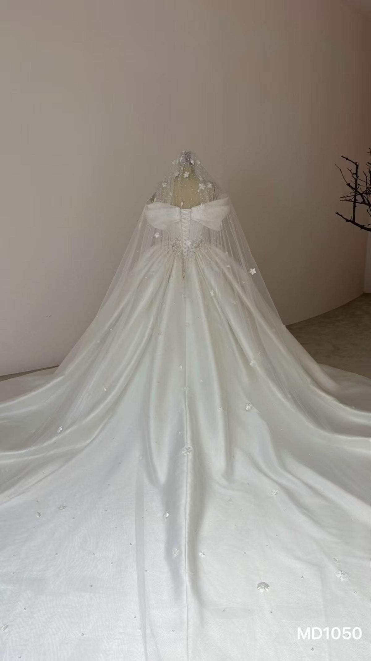 Off Shoulder Bow Mikado Satin Ballgown Wedding Dress, 3D Floral Beaded Bridal Gown With Train