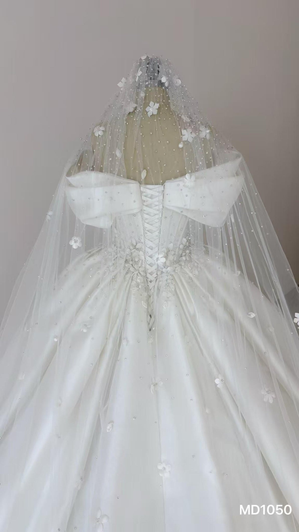 Off Shoulder Bow Mikado Satin Ballgown Wedding Dress, 3D Floral Beaded Bridal Gown With Train