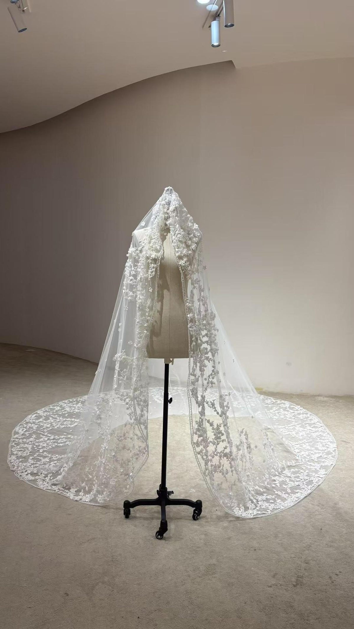 Cathedral Lace Wedding Veil, 3D Floral Appliqué Bridal Veil, Long Lace Edge Chapel Veil With Train